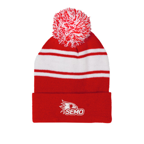 Red/White Two Tone Knit Pom Beanie w/Cuff - SEMO Logo Embroidery