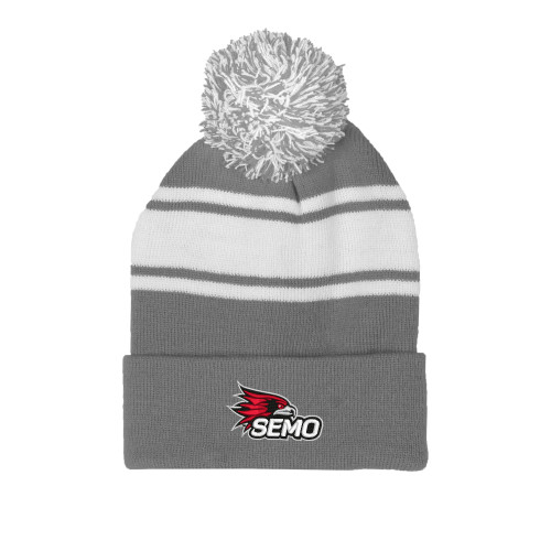  Grey/White Two Tone Knit Pom Beanie w/Cuff - SEMO Logo Embroidery