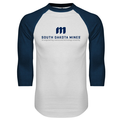 White/Navy Raglan Baseball T Shirt - Institutional Mark Stacked