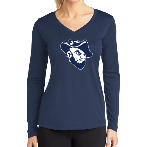  Womens Navy Performance Long Sleeve V Neck Shirt - Grubby Mascot Head