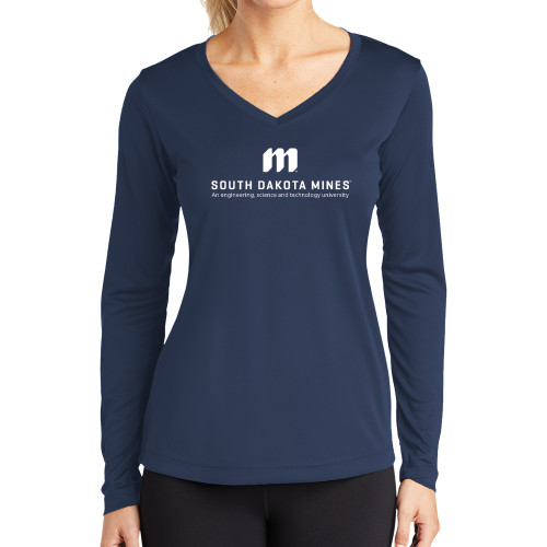  Womens Navy Performance Long Sleeve V Neck Shirt - Institutional Mark Stacked