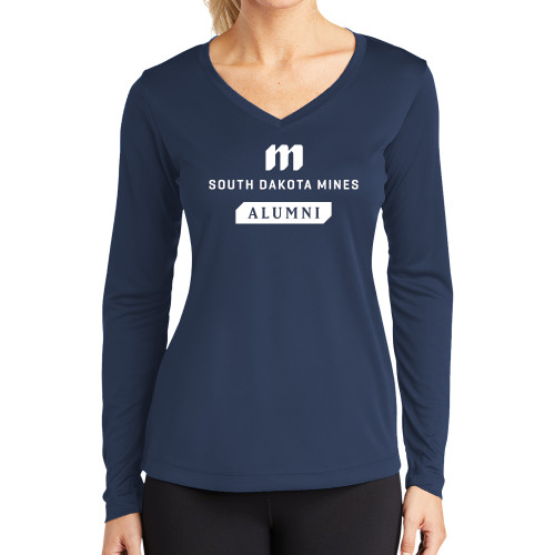  Womens Navy Performance Long Sleeve V Neck Shirt - Alumni Stacked