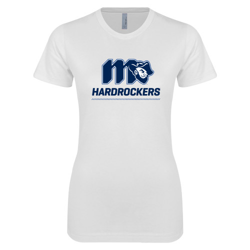  Next Level Womens White Boyfriend Tee - Grubby Hardrockers Lockup Blue