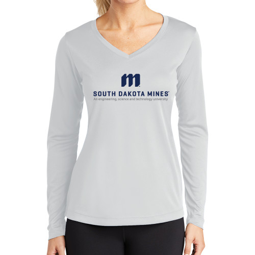  Womens White Performance Long Sleeve V Neck Shirt - Institutional Mark Stacked