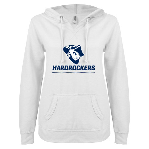  ENZA Womens White V Notch Raw Edge Fleece Hoodie - Primary Athletics Mark