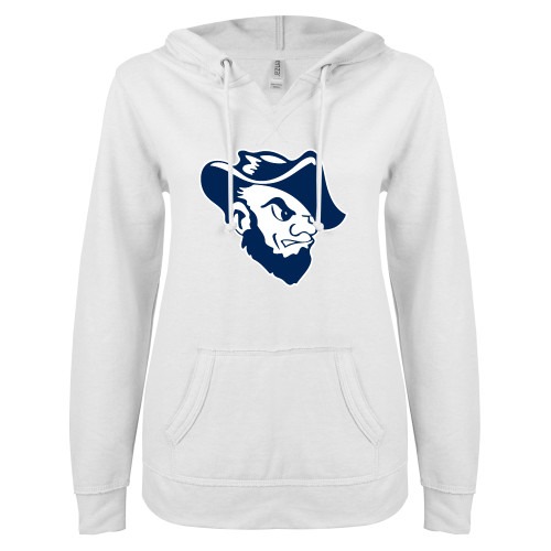  ENZA Womens White V Notch Raw Edge Fleece Hoodie - Grubby Mascot Head