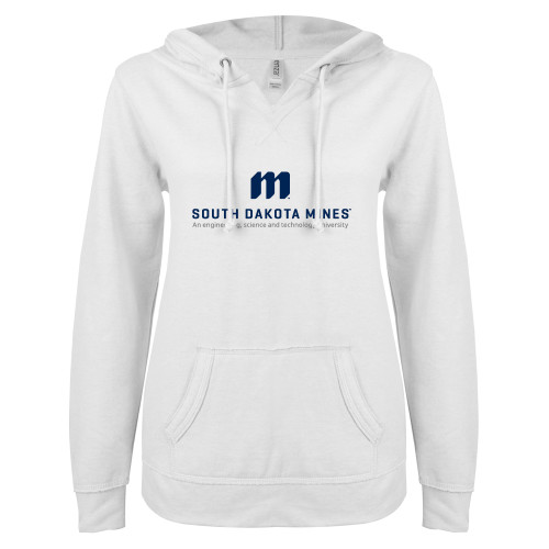  ENZA Womens White V Notch Raw Edge Fleece Hoodie - Institutional Mark Stacked
