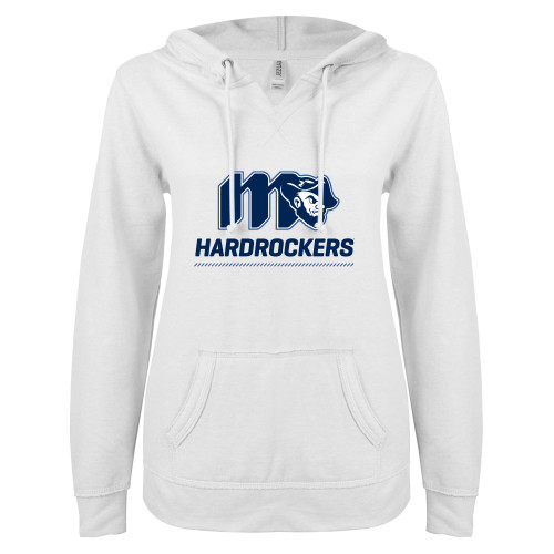  ENZA Womens White V Notch Raw Edge Fleece Hoodie - Grubby Hardrockers Lockup Blue