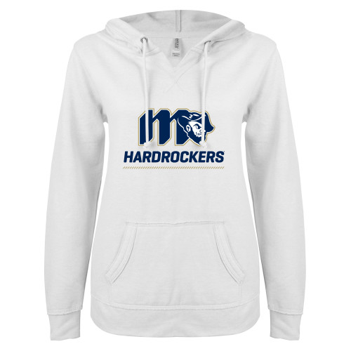  ENZA Womens White V Notch Raw Edge Fleece Hoodie - Grubby Hardrockers Lockup Gold