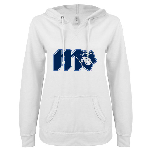  ENZA Womens White V Notch Raw Edge Fleece Hoodie - Grubby Lockup Blue Outline