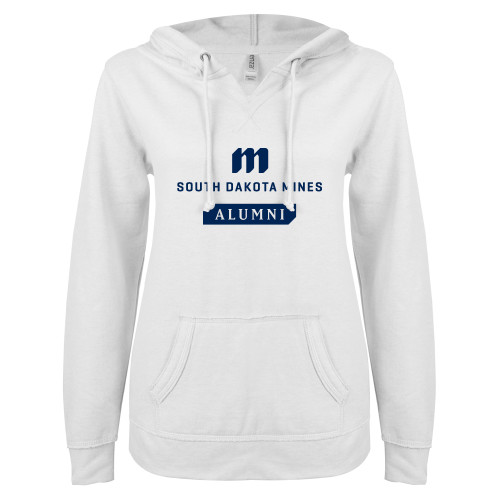  ENZA Womens White V Notch Raw Edge Fleece Hoodie - Alumni Stacked