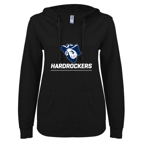  ENZA Womens Black V Notch Raw Edge Fleece Hoodie - Primary Athletics Mark