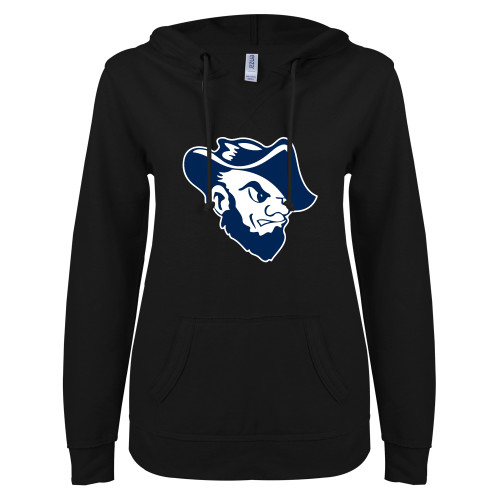  ENZA Womens Black V Notch Raw Edge Fleece Hoodie - Grubby Mascot Head
