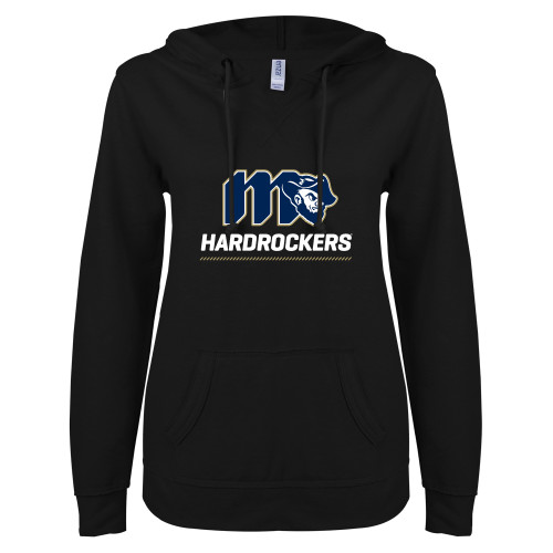  ENZA Womens Black V Notch Raw Edge Fleece Hoodie - Grubby Hardrockers Lockup Gold