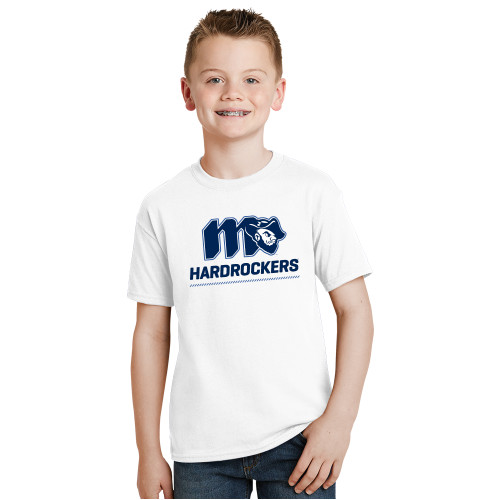  Youth White T Shirt - Grubby Hardrockers Lockup Blue