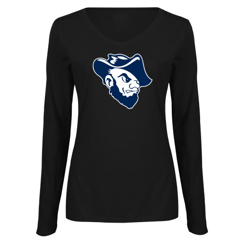  Womens Black Long Sleeve V Neck Tee  - Grubby Mascot Head
