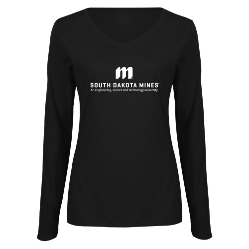  Womens Black Long Sleeve V Neck Tee  - Institutional Mark Stacked