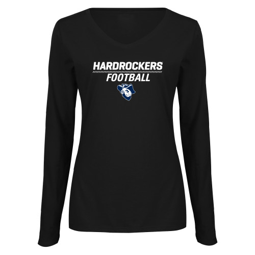  Womens Black Long Sleeve V Neck Tee  - Football