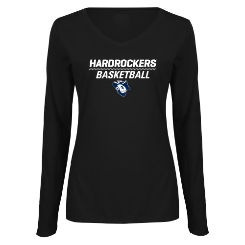  Womens Black Long Sleeve V Neck Tee  - Basketball