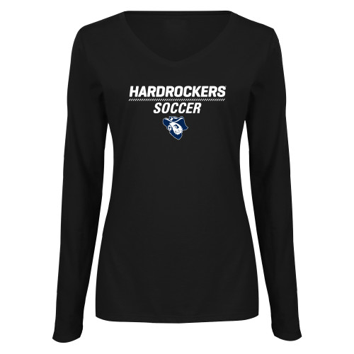  Womens Black Long Sleeve V Neck Tee  - Soccer