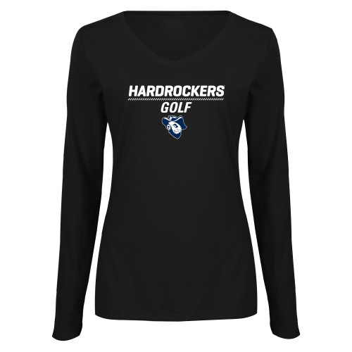  Womens Black Long Sleeve V Neck Tee  - Golf