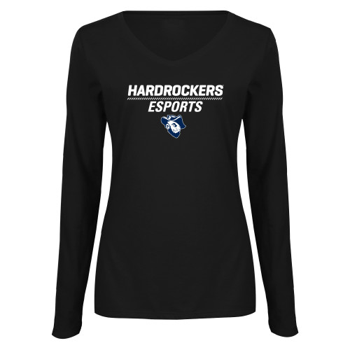  Womens Black Long Sleeve V Neck Tee  - Golf