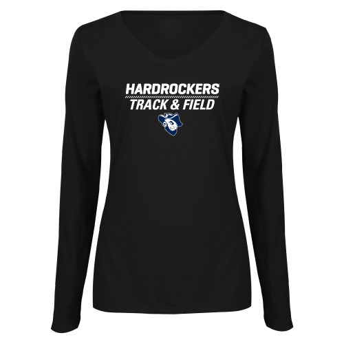  Womens Black Long Sleeve V Neck Tee  - Track and Field