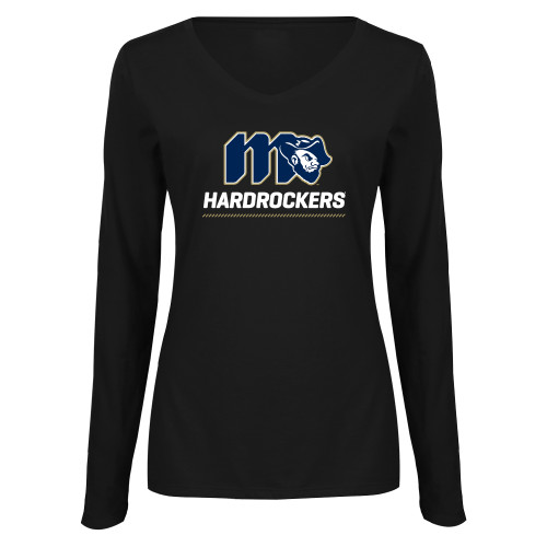  Womens Black Long Sleeve V Neck Tee  - Grubby Hardrockers Lockup Gold