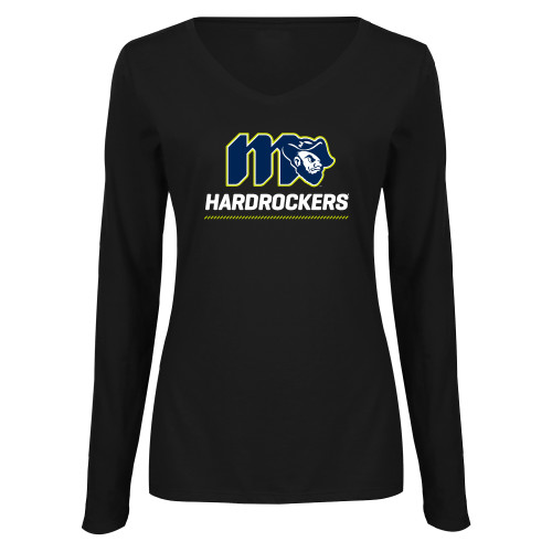  Womens Black Long Sleeve V Neck Tee  - Grubby Hardrockers Lockup Green