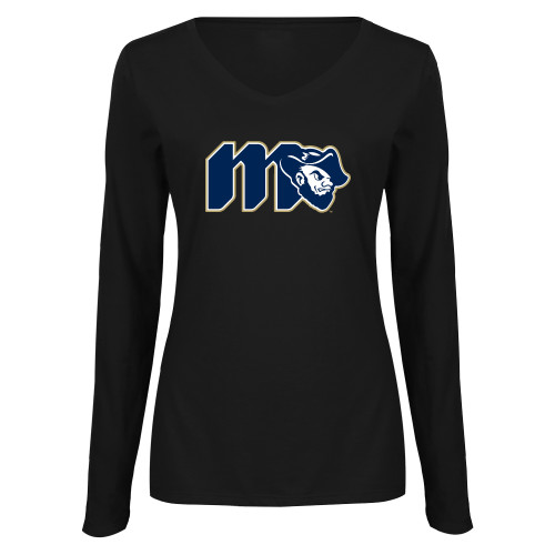  Womens Black Long Sleeve V Neck Tee  - Grubby Lockup Gold Outline