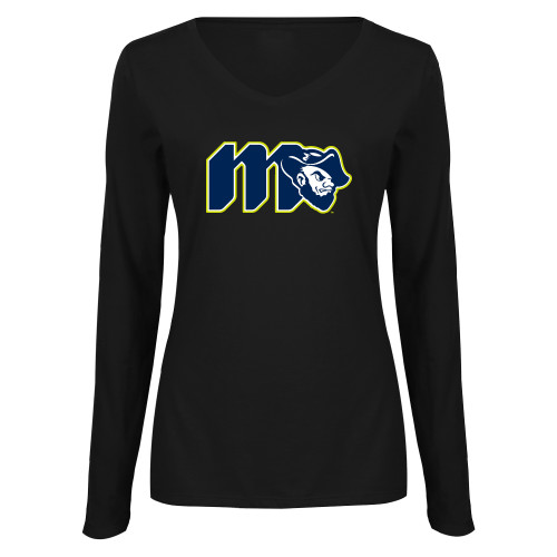  Womens Black Long Sleeve V Neck Tee  - Grubby Lockup Green Outline