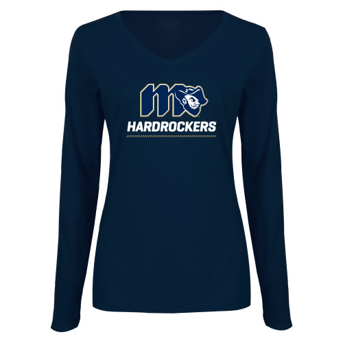  Womens Navy Long Sleeve V Neck Tee - Grubby Hardrockers Lockup Gold