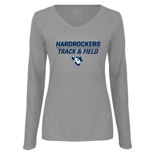  Womens Grey Long Sleeve V Neck Tee  - Track and Field