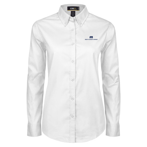  Womens White Twill Button Down Long Sleeve - Institutional Mark Centered