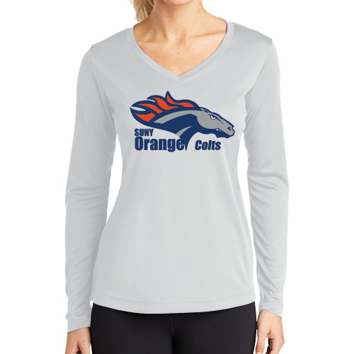  Womens White Performance Long Sleeve V Neck Shirt - Primary Logo