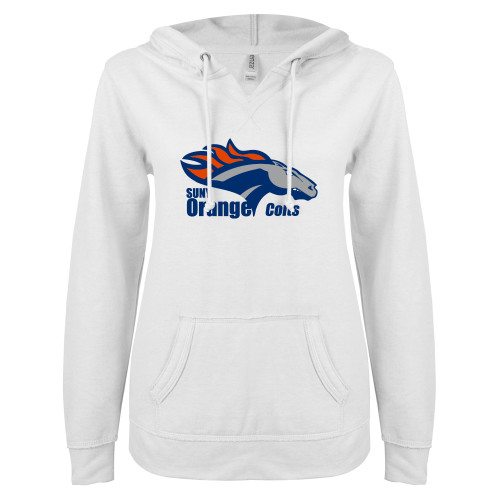  ENZA Womens White V Notch Raw Edge Fleece Hoodie - Primary Logo