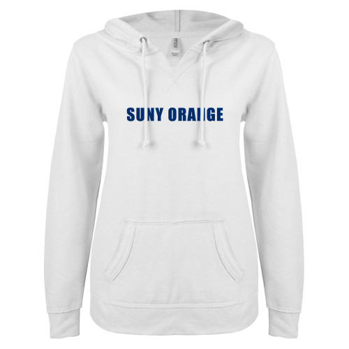  ENZA Womens White V Notch Raw Edge Fleece Hoodie - SUNY Orange Word Mark