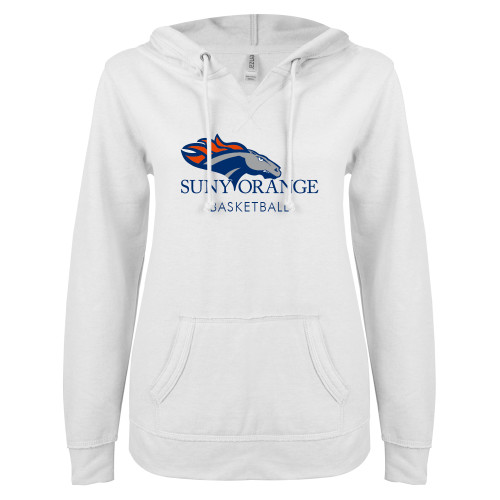  ENZA Womens White V Notch Raw Edge Fleece Hoodie - Basketball