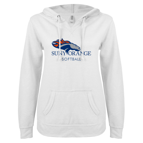  ENZA Womens White V Notch Raw Edge Fleece Hoodie - Softball