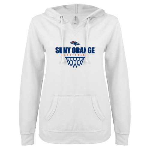  ENZA Womens White V Notch Raw Edge Fleece Hoodie - Basketball Design