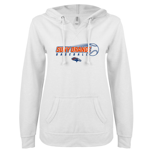  ENZA Womens White V Notch Raw Edge Fleece Hoodie - Baseball Design