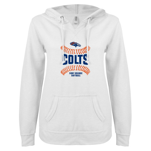  ENZA Womens White V Notch Raw Edge Fleece Hoodie - Softball Design