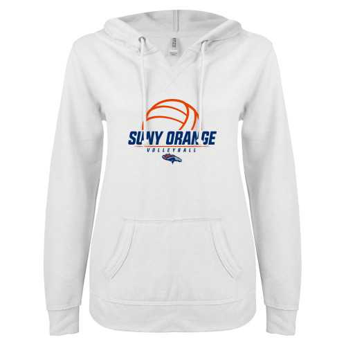  ENZA Womens White V Notch Raw Edge Fleece Hoodie - Volleyball Design