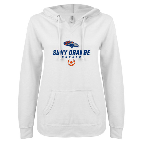  ENZA Womens White V Notch Raw Edge Fleece Hoodie - Soccer Design