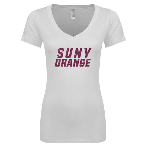  Next Level Womens White Ideal V Tee - SUNY Orange Pink Glitter