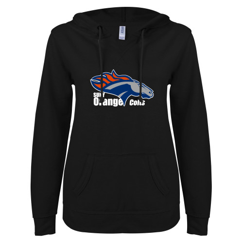  ENZA Womens Black V Notch Raw Edge Fleece Hoodie - Primary Logo