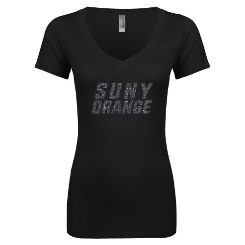  Next Level Womens Black Ideal V Tee - SUNY Orange Graphite Soft Glitter