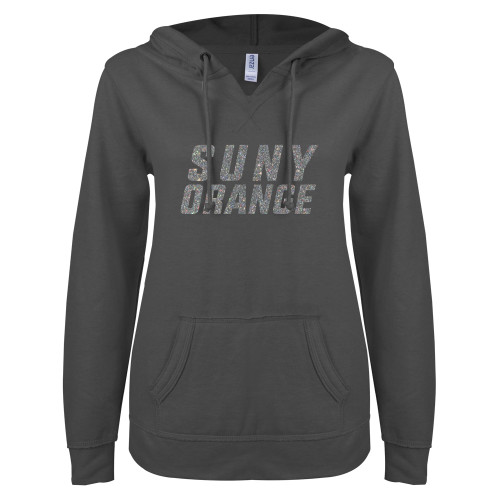  ENZA Womens Dark Heather V Notch Raw Edge Fleece Hoodie - SUNY Orange Silver Soft Glitter
