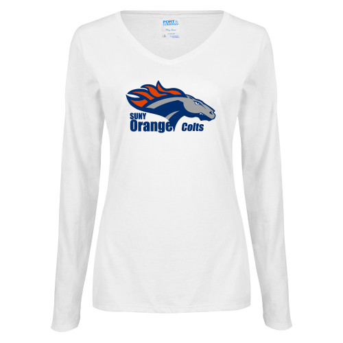  Womens White Long Sleeve V Neck Tee - Primary Logo