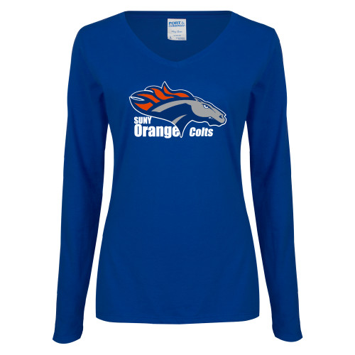  Womens Royal Long Sleeve V Neck Tee  - Primary Logo